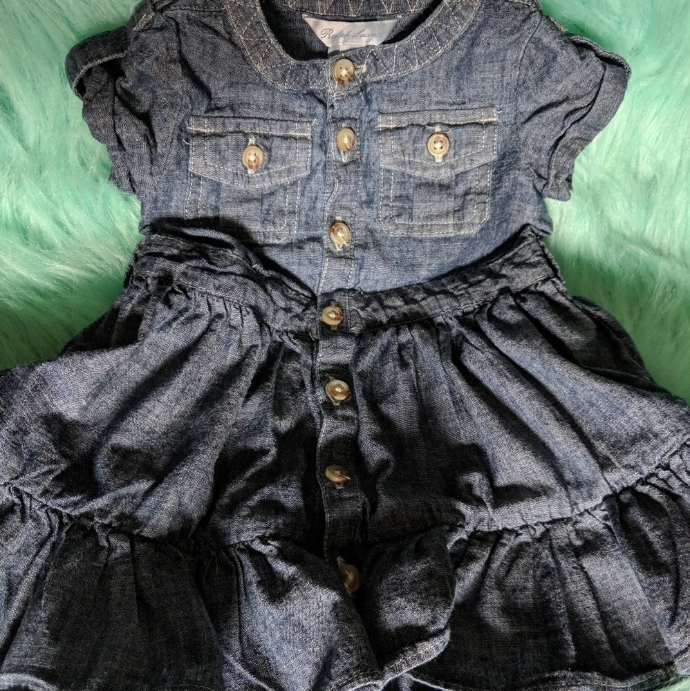 🍼🎀 Ralph Lauren Ruffled Blue Newborn Baby Girl Denim Dress Shortsleeved Outfit